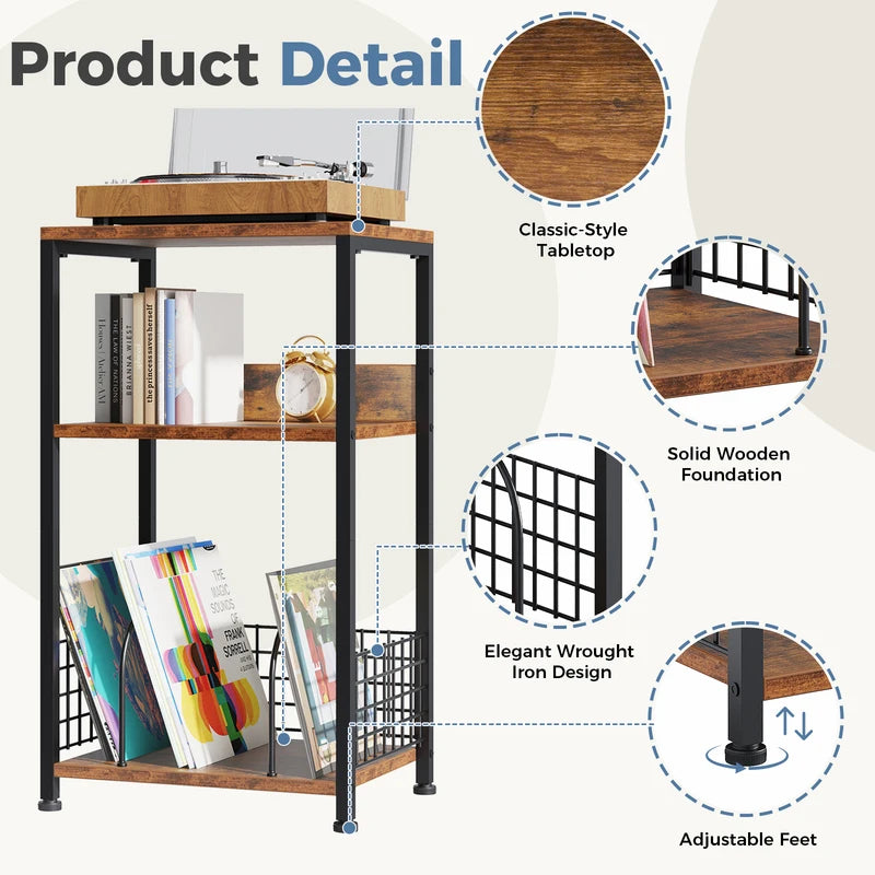 3-Tier Record Player Stand with Vinyl Storage - Black or Brown, 16 Inch