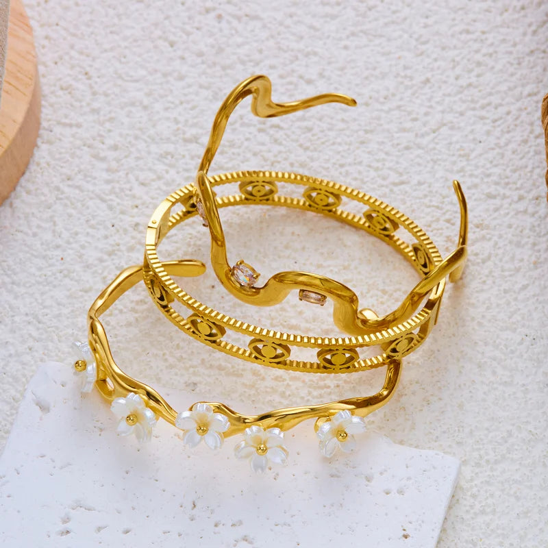 Women’s Gold Plated Stainless Steel Evil Eye Bracelet Wavy Shell Flower Open Bangle Waterproof Jewelry