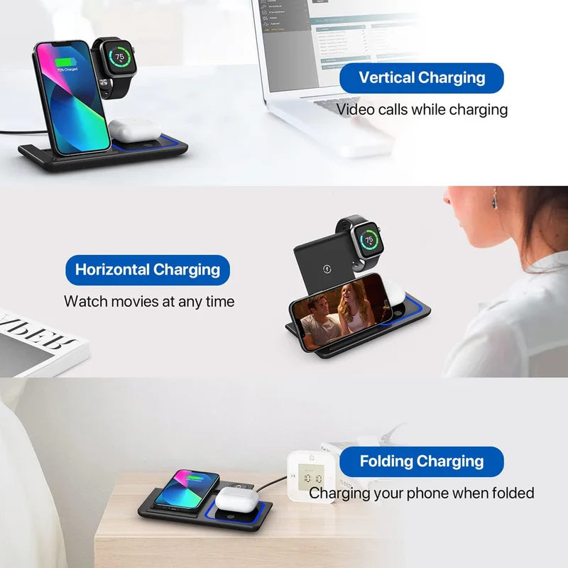 15W 3-in-1 Wireless Charging Station for iPhone, Apple Watch & AirPods - Foldable Stand