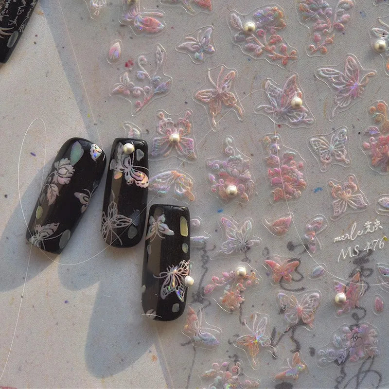 Colorful Bird Nail Art Stickers 5D Relief Butterfly Flower Dragon Decals