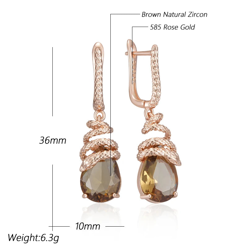 Unique Brown Zircon Snake Dangle Earrings for Women - Rose Gold Plated Jewelry