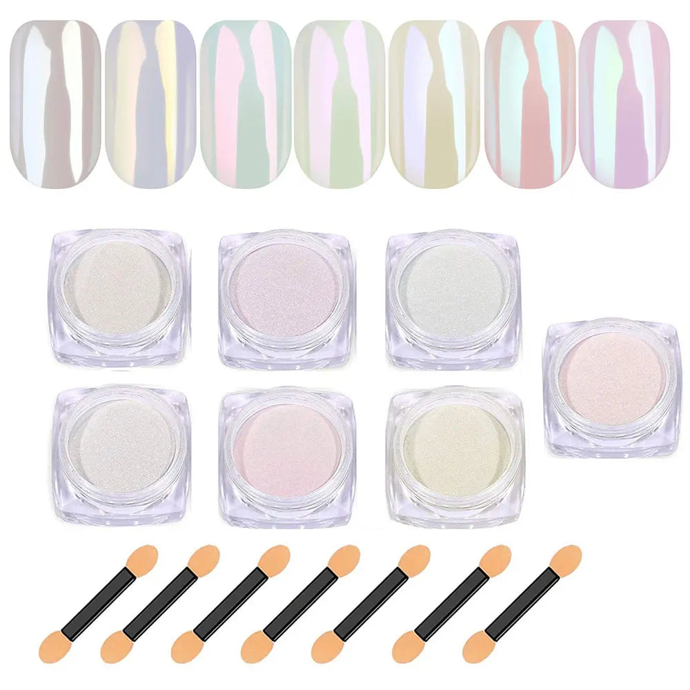 7 Colors Nail Powder Set - Holographic Mirror & Pearlescent Chrome Dust