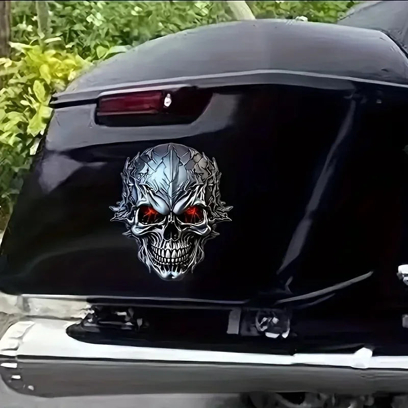 Halloween 3D Metal Skull Decal with Red Glowing Eyes - Durable Vinyl Sticker for Cars Motorcycles Bicycles