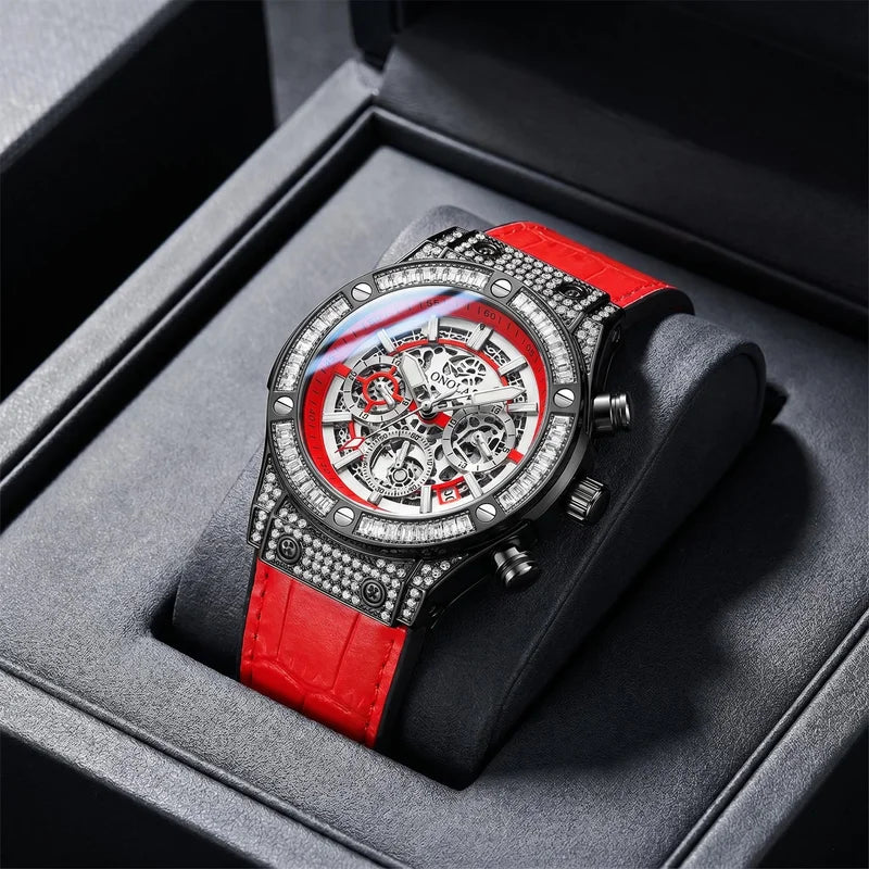 ONOLA Men's Skeleton Diamond Bezel Chronograph Watch with Red Leather Strap Waterproof