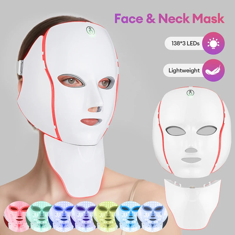 7-Color LED Facial Mask with Neck Light Therapy Beauty Device