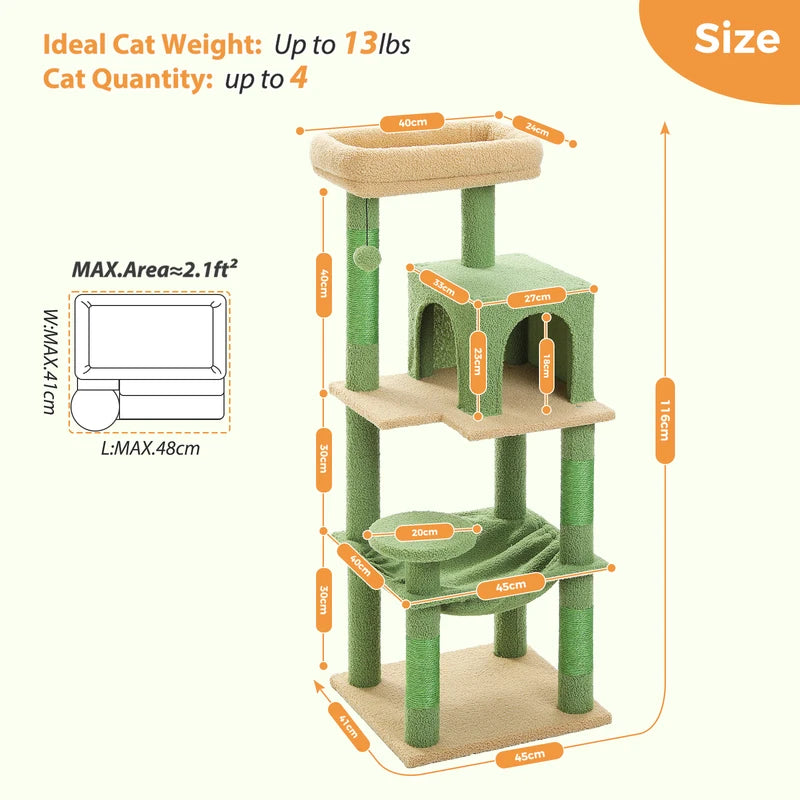 Multi-Level Indoor Cat Tree Tower with Large Hammock and Big Top Perch - Suitable for Large Cats