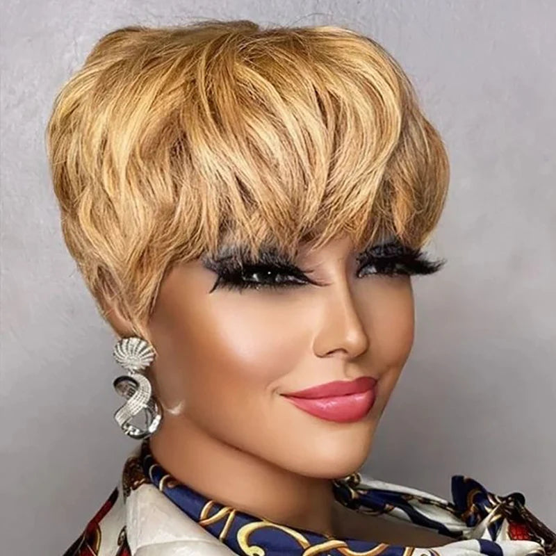 Brown Short Pixie Wig Human Hair for Black Women with Bangs - Brazilian Style