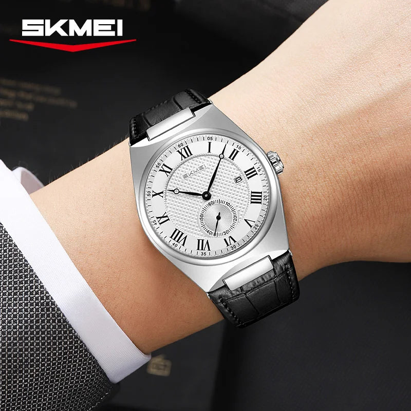 Men's Elegant Quartz Watch with Roman Dial Waterproof Leather Strap Casual Business Watch