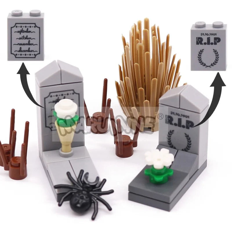 Halloween Building Blocks Kit for Model Creation - Tombstone Graveyard Accessories