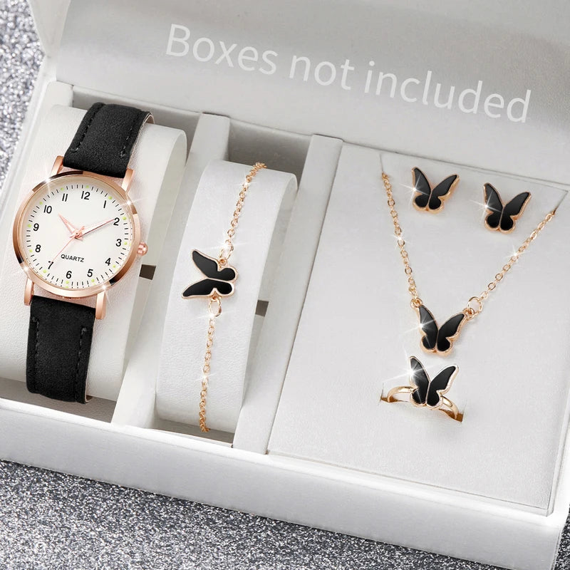 Women's Fashion Arabic Dial Leather Band Quartz Watch Set with Jewelry - Multiple Colors