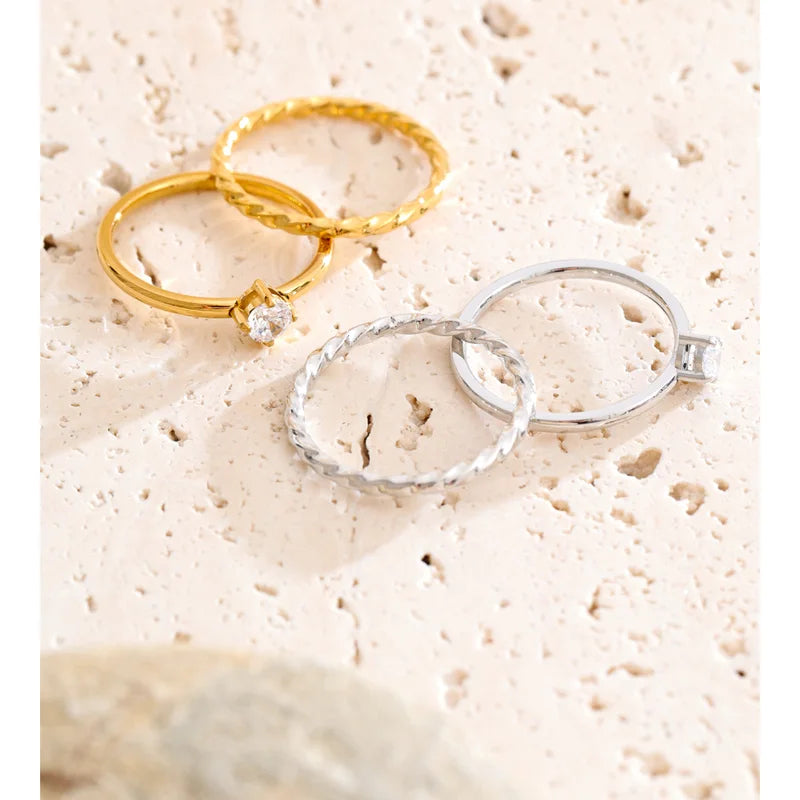 Double-Layer Zircon Finger Rings Set for Women – Stainless Steel Jewelry Collection