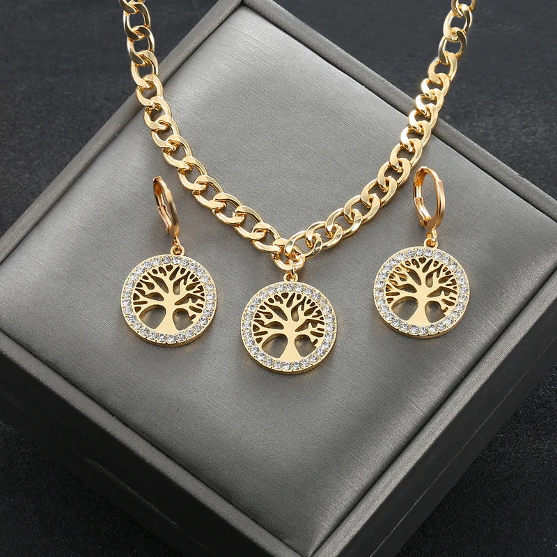 Women's Jewelry Set Rhinestone Tree of Life Pendant Necklace Hoop Earrings Gold
