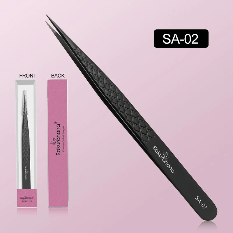 Professional Eyelash Tweezers for Lash Extensions - Black Fiber Tip Makeup Tool
