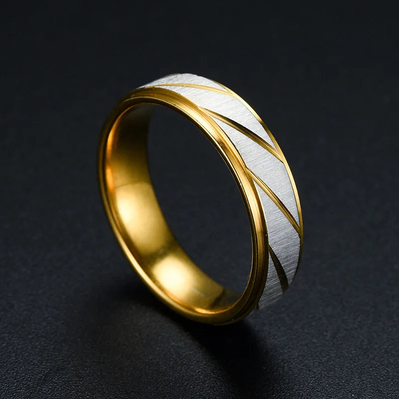 Fashion Stainless Steel Gold Plated Wave Pattern Couple Ring Engagement Wedding Promise Jewelry