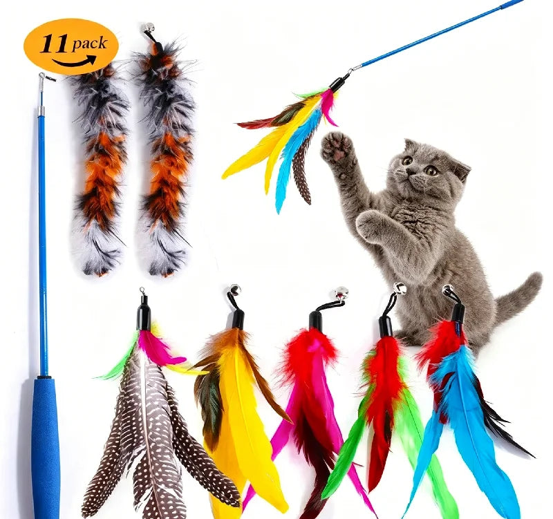 Retractable Cat Feather Wand Toy Set with Replacement Feathers, Interactive Play for Indoor Cats