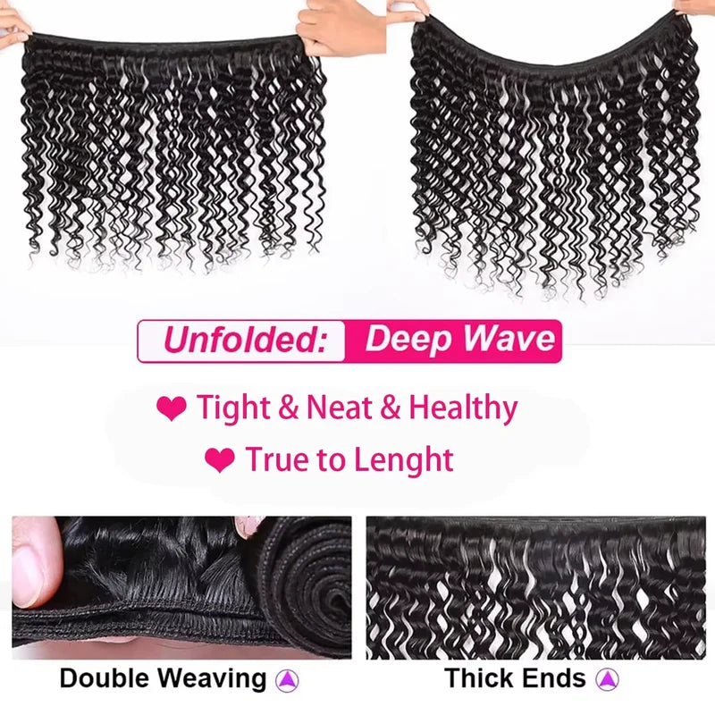 Deep Wave Human Hair Bundles - Brazilian Virgin Curly Hair Extensions for Sew-In & Weave