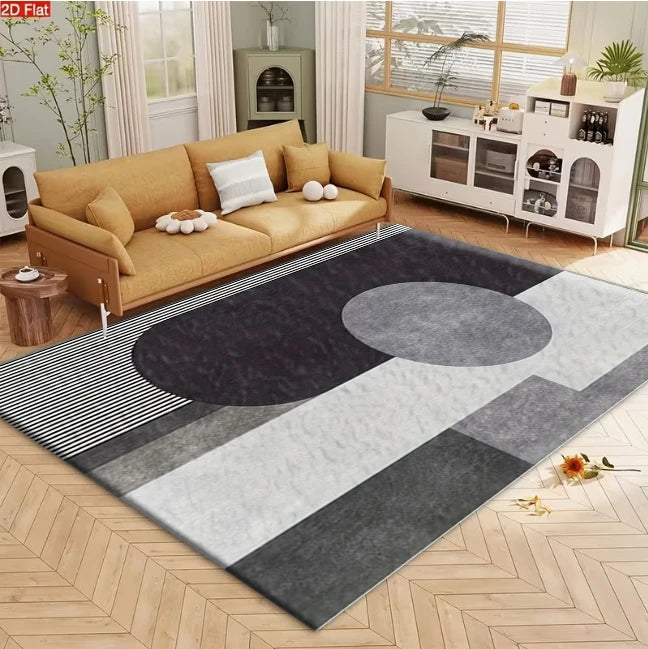 Monochrome Geometric Oval Area Rug Non-Slip Floor Mat for Living Room & Bedroom