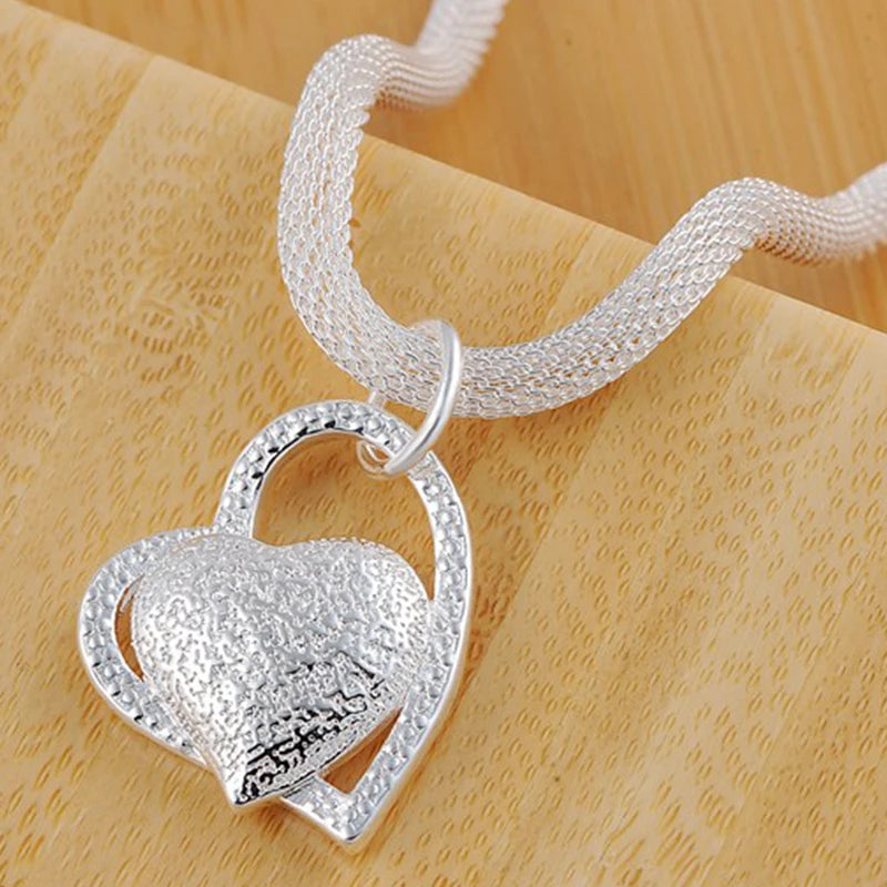Sterling Silver Double Heart Pendant Necklace 18 Inch for Women Jewelry