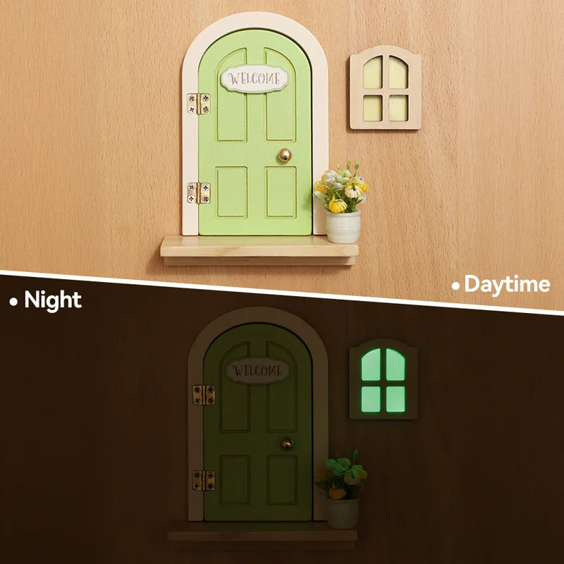 Mini Fairy Elf Door Decor for Dollhouses, Wooden Wall Ornament with Glow in Dark Windows - Fairy Tale Craft Accessory