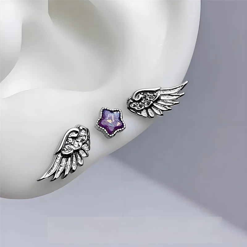 3-Pack Shiny Angel Wing Star Ear Studs for Women and Couples Jewelry