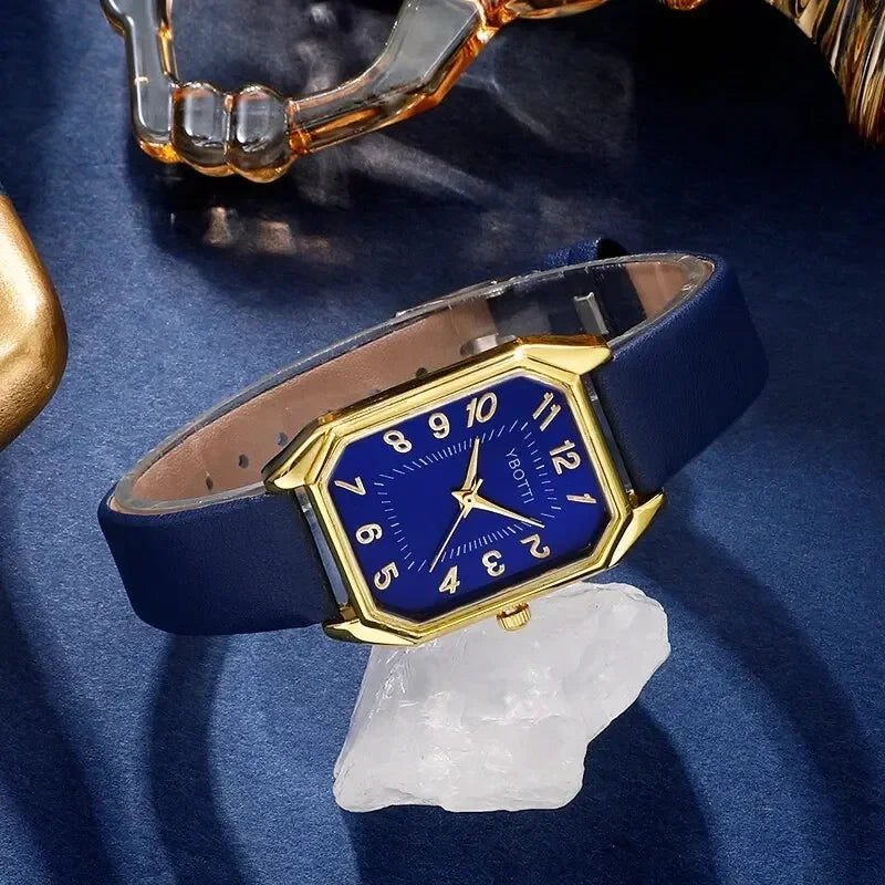 Luxury Women's Square Watch with Blue Leather Band - Classic Quartz Femininine Wristwatch