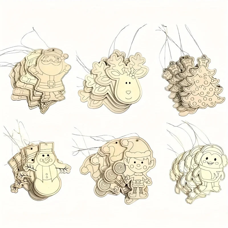 12Pcs Christmas Wooden Ornaments Snowman Santa Tree Holiday Decor DIY Hanging Pendant