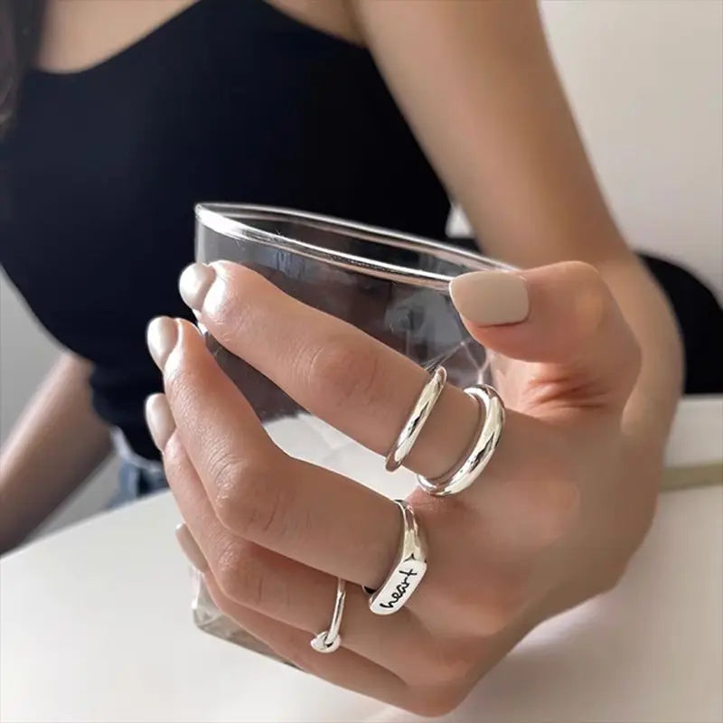 Sterling Silver Geometric Double Line Ring for Women - Adjustable Bohemian Vintage Jewelry