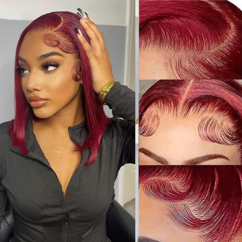 Brazilian 99J Bob Human Hair Wig - Straight Lace Front Short Wig with HD Transparent Lace