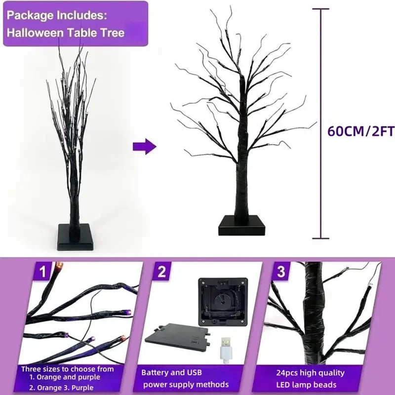 Halloween Artificial Birch Tree Light with 24 LED Colors Tabletop Decor