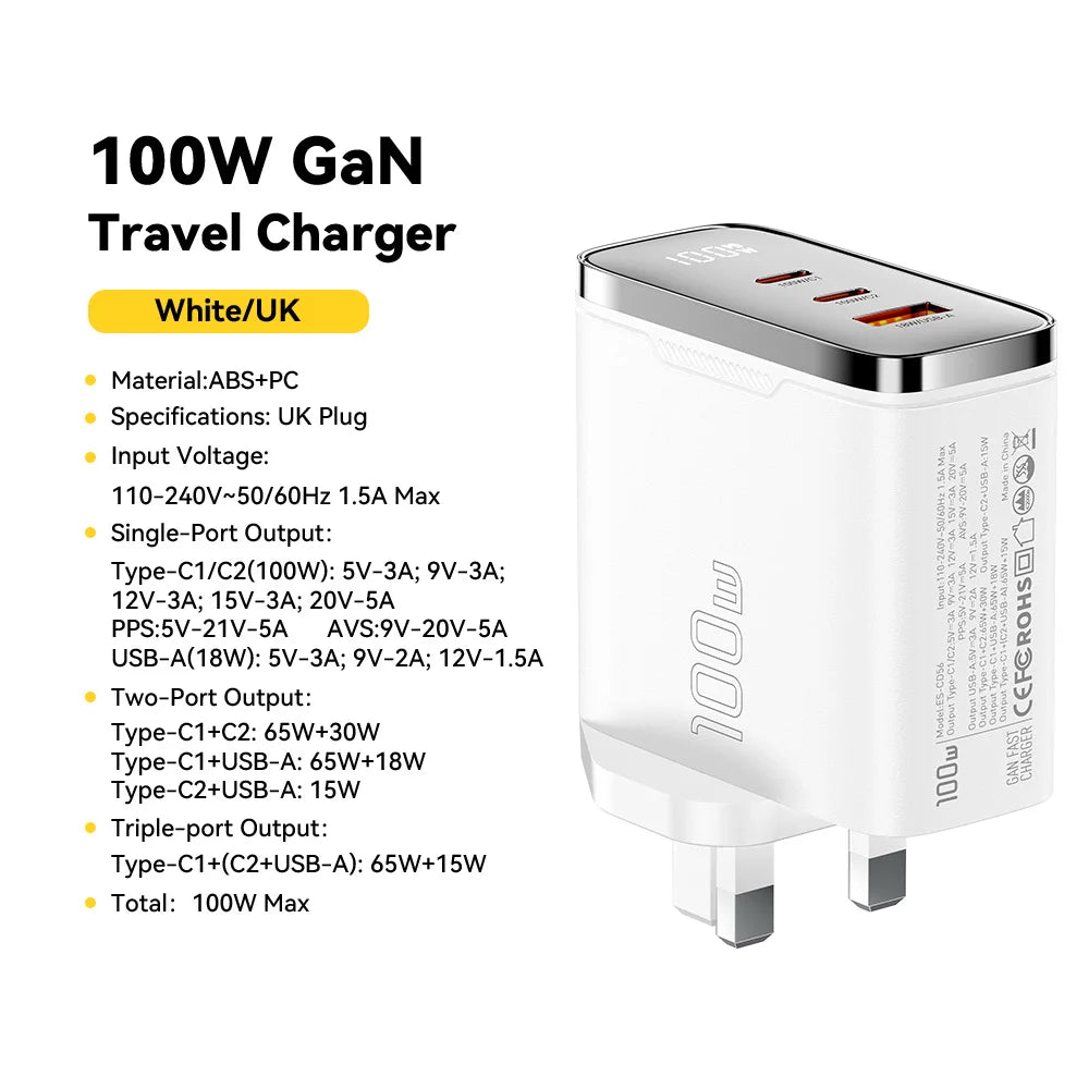 GaN USB C Fast Charger 100W Digital Display QC 4.0 PD 3.2 Universal Compatibility