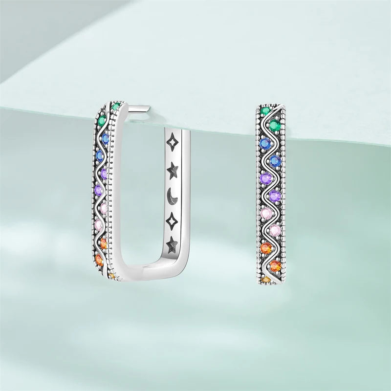 Sterling Silver Four Leaf Clover Hoop Earrings with Colored Zircon for Women