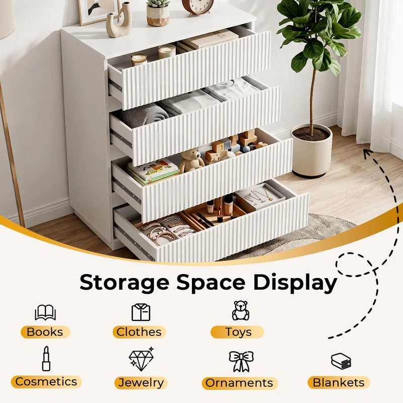 White Fluted 4-Drawer Chest of Drawers - Tall Storage Dresser for Bedroom & Living Room