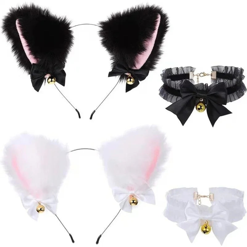 Halloween Cat Ears Headband & Necklace Set for Cosplay Costume - Black & White