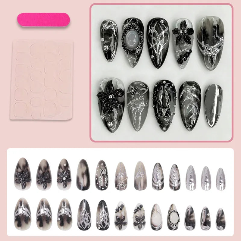24Pcs Black Gothic Press On Nails Medium Almond Fake Nails with 3D Flowers & Gradient Designs