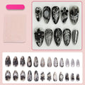 24Pcs Black Gothic Press On Nails Medium Almond Fake Nails with 3D Flowers & Gradient Designs