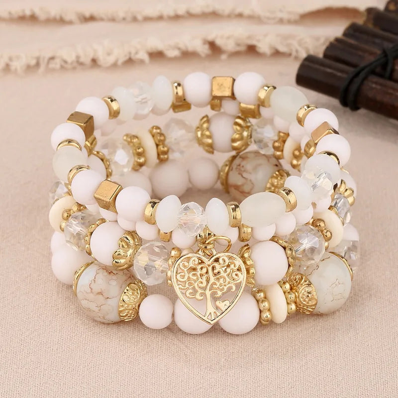 Bohemian Beaded Chain Bracelet Set for Women Tree of Life Charm Elastic Jewelry