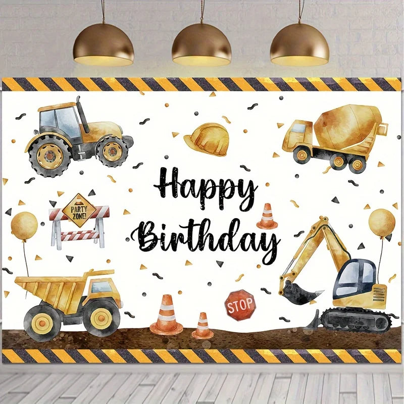 Construction Theme Birthday Backdrop Banner for Kids Party - Excavator Crane Truck Decoration
