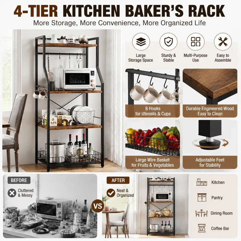 4-Tier Kitchen Storage Rack with Microwave Stand and Hooks - Industrial Style Organizer