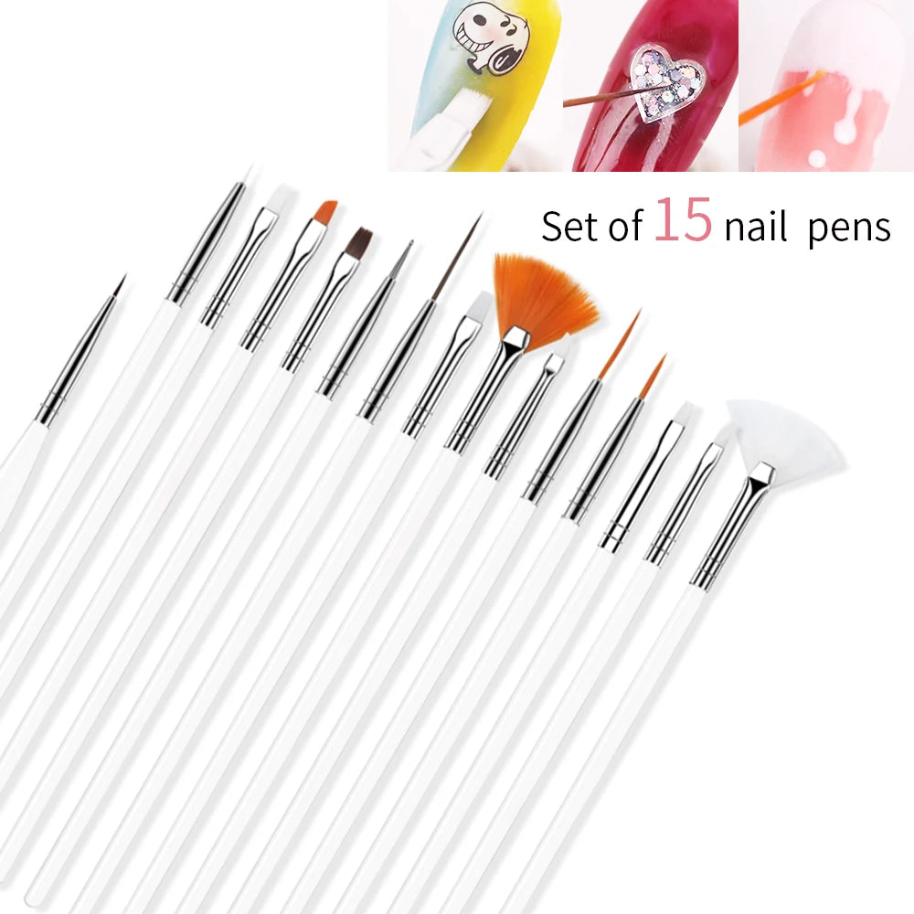 15-Piece Fine Detail Nail Art Brush Set for Acrylic Gel & Manicure Design
