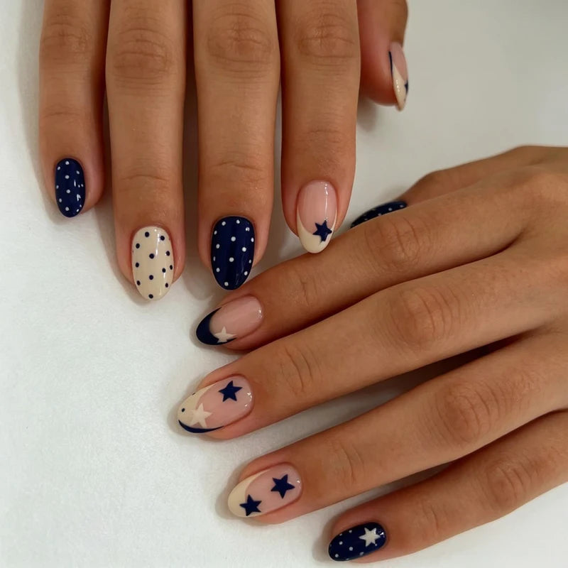 24pcs Oval Star Polka Dot Nail Stickers Set with Nail File & Jelly Gel - Nail Art Decor