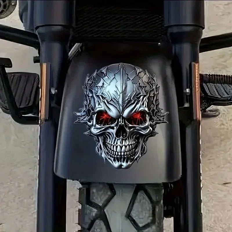 Halloween 3D Metal Skull Decal with Red Glowing Eyes - Durable Vinyl Sticker for Cars Motorcycles Bicycles