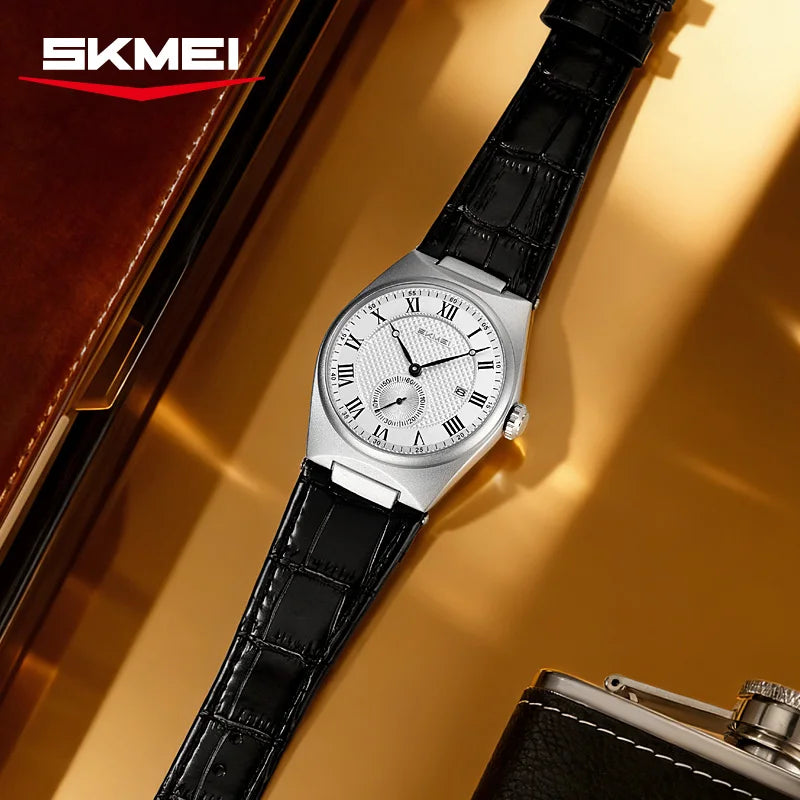 Men's Elegant Quartz Watch with Roman Dial Waterproof Leather Strap Casual Business Watch