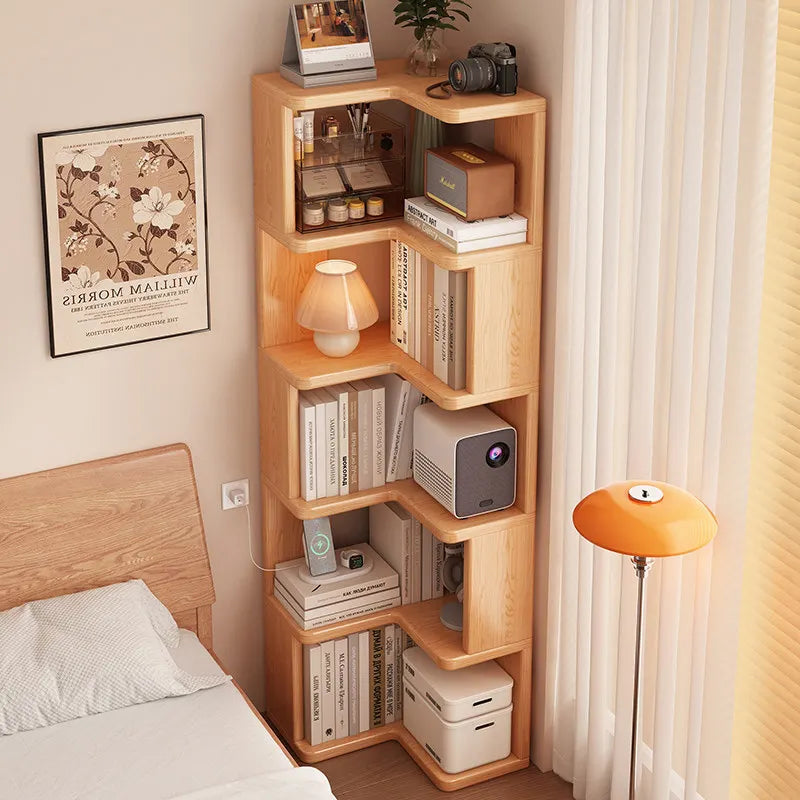 Solid Wood Corner Bookshelf with Floor Standing Design for Living Room or Bedroom