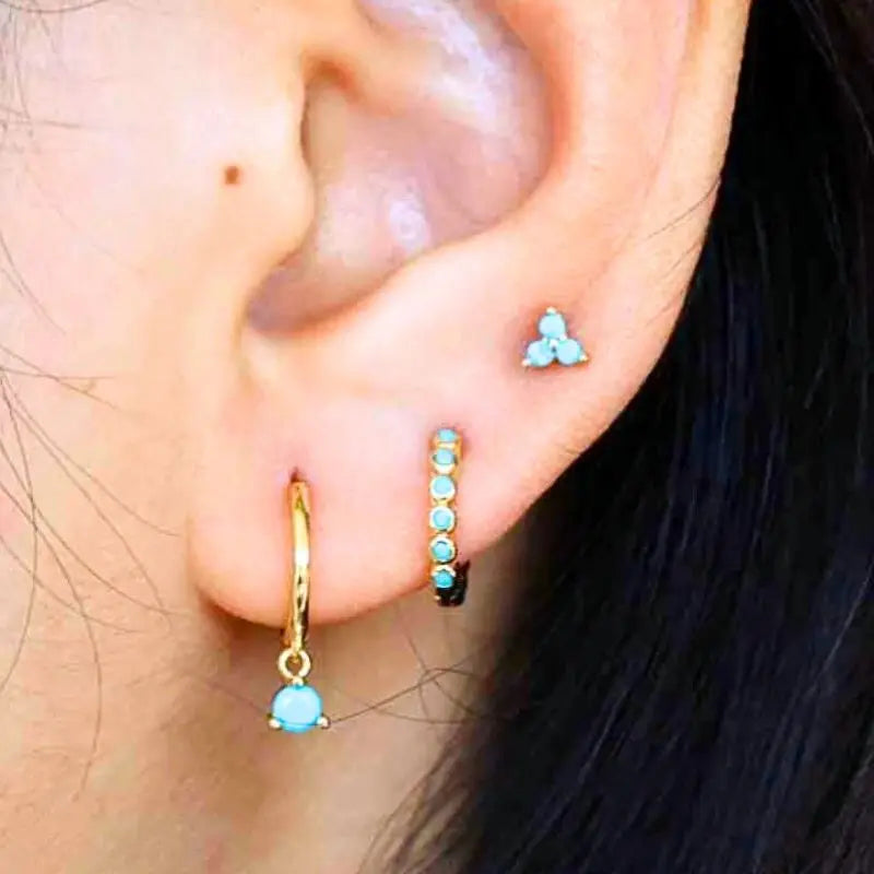 Sterling Silver Turquoise Stud Earrings for Women - Blue Crystal Pendant, Gold Finish