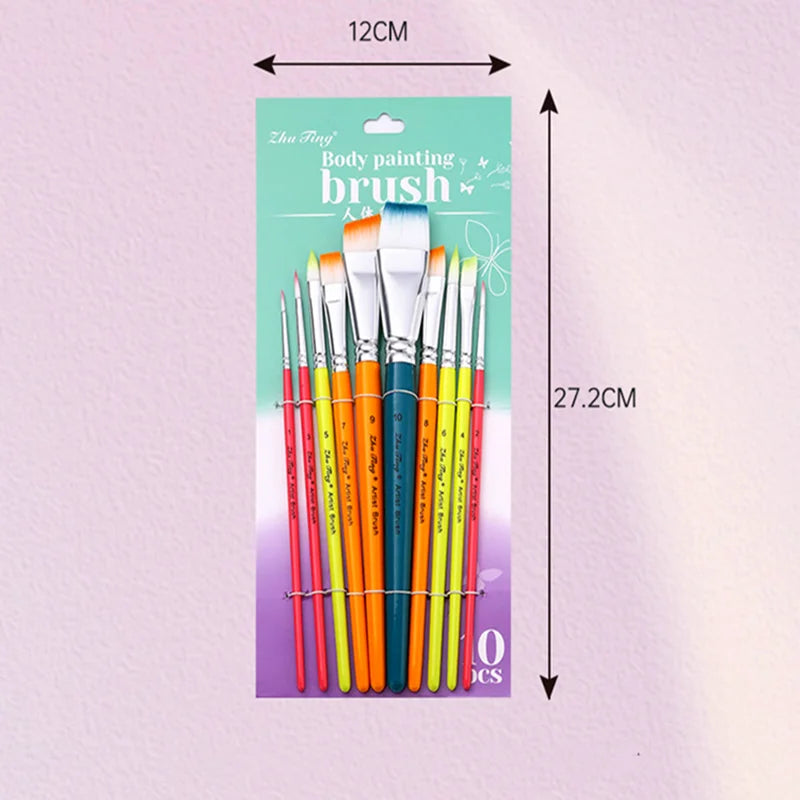 Professional Face Painting Brush Set - 10 Durable Makeup Art Tools with Nylon Bristles