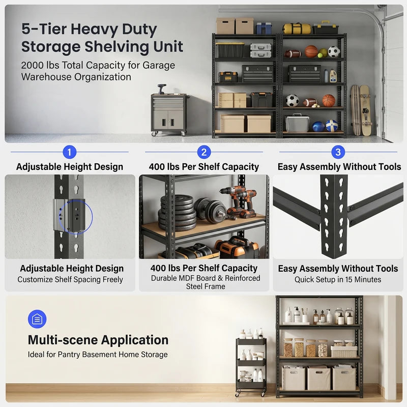 Heavy-Duty Industrial Metal Storage Shelves – Adjustable Garage & Warehouse Shelving Unit, No-Bolt Assembly, 72 Inches High