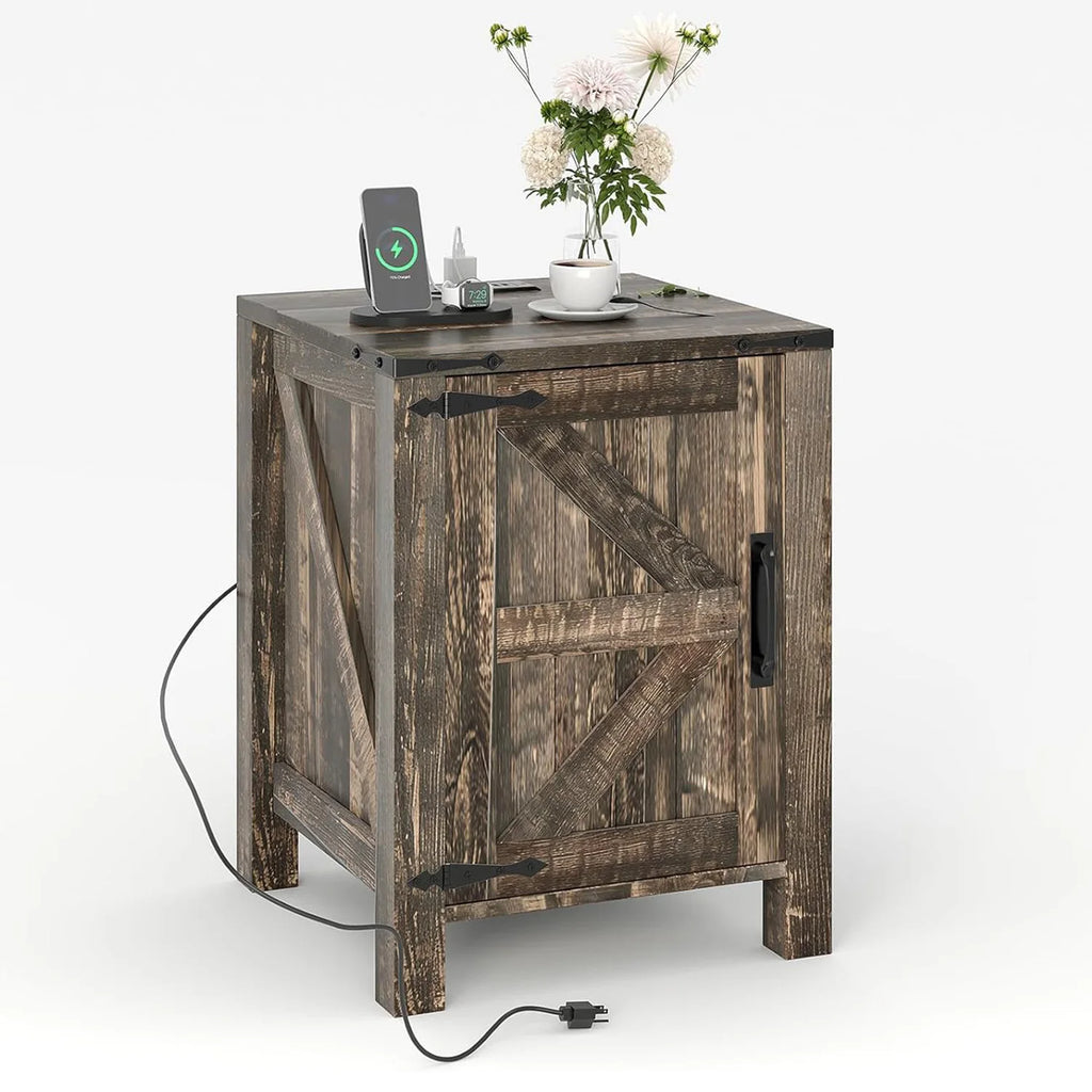 Farmhouse Bedside Table with USB Charging Station, Adjustable Two-Tier Shelf, Rustic Barn Door, Modern Bedroom End Table