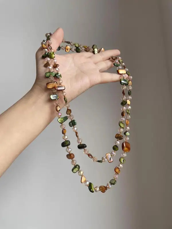 Bohemian Multicolor Natural Stone Shell Crystal Glass Beaded Necklace for Women - Long Strand Sweater Chain