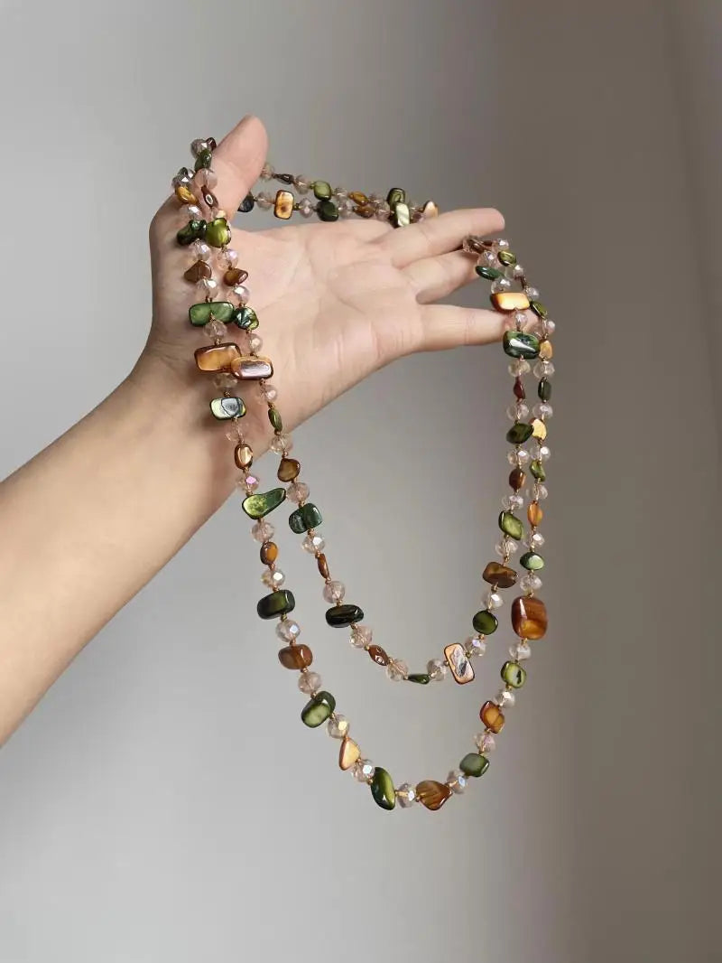 Bohemian Multicolor Natural Stone Shell Crystal Glass Beaded Necklace for Women - Long Strand Sweater Chain