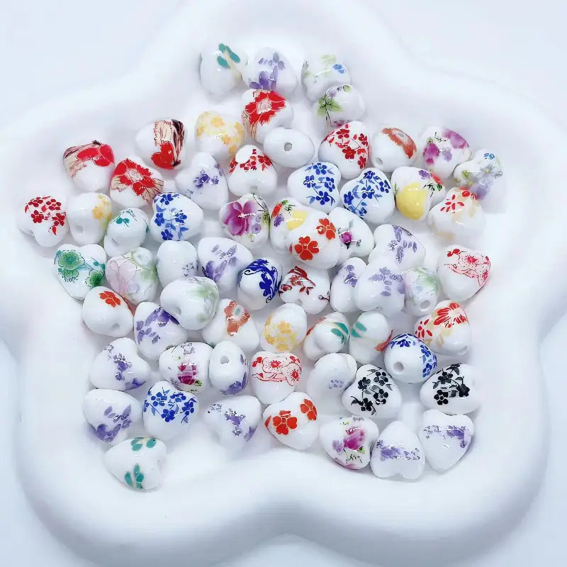 Ceramic Heart Shape Flower Pattern Beads for Jewelry Making 12mm 10pcs